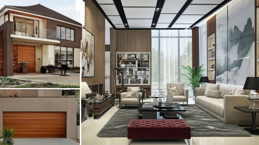 3D minimalistic building exploring the exterior view rotating 180 degrees. The house should be mixed together with the camera views of different angles, camera moving from inside of the house to outside. There are plants and trees are surrounding the house and there is a pool and a parking place with 5 SUV cars black, white and blue cars. The camera is from the 45 degrees angle. The camera is moving from the distance of the house to the closeup.