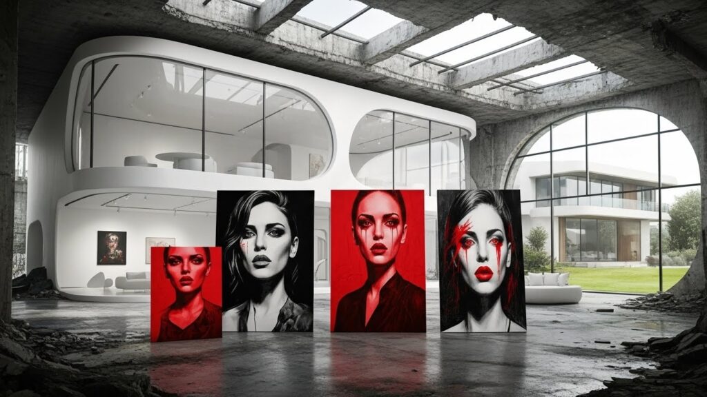 The camera is coming from the right side top. There are 7 artworks of the women in the walls placed randomly on the 3d futuristic architecture. The exterior is futuristic and round 3d architectural. There are red interior design elements on the picture. These artworks are some red, some stunning gray. The artworks are in different sizes. Camera is moving from the exterior to interior. The exterior is futuristic AI 3D arcitectural imaging. Be creative.