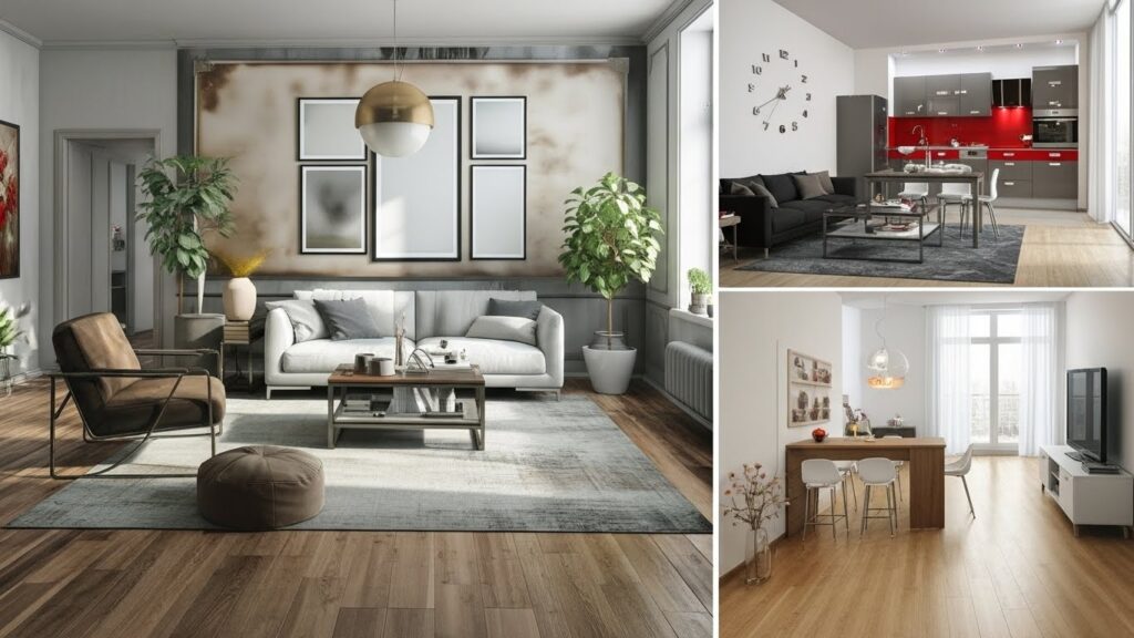 Create 3D minimalistic building exploring the exterior view rotating 180 degrees. The house should be mixed together with the camera views of different angles, camera moving from inside of the house to outside. There are plants and trees are surrounding the house and there is a pool and a parking place with 5 SUV cars black, white and blue cars. The camera is from the 45 degrees angle. The camera is moving from the distance of the house to the closeup. Be creative. There are women in red and black dresses are standing on the roof and on the parking lot of the house. There are also red cybertruck and red plants mixed in the exterior with green, blue and red trees. There are drones flying and the logo is moving in with a creative effect. Creativity is high command for this image also increase the quality and make longer video 20 seconds. Be creative!