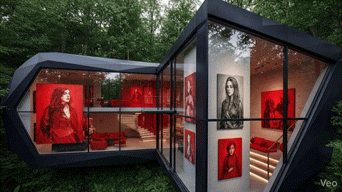 Create Church of the furure. The camera is coming from the right side top. There are 7 artworks of the Jesus Christ and crosses in the walls placed randomly on the 3d futuristic architecture. The exterior is futuristic and round 3d architectural. There are red interior design elements on the picture. These artworks are some red, some stunning gray. The artworks are in different sizes. Camera is moving from the exterior to interior. The exterior is futuristic AI 3D arcitectural imaging. Be creative.There are people walking inside and outside the house talking. The nature sounds and music is playing and the birds are flying over house.