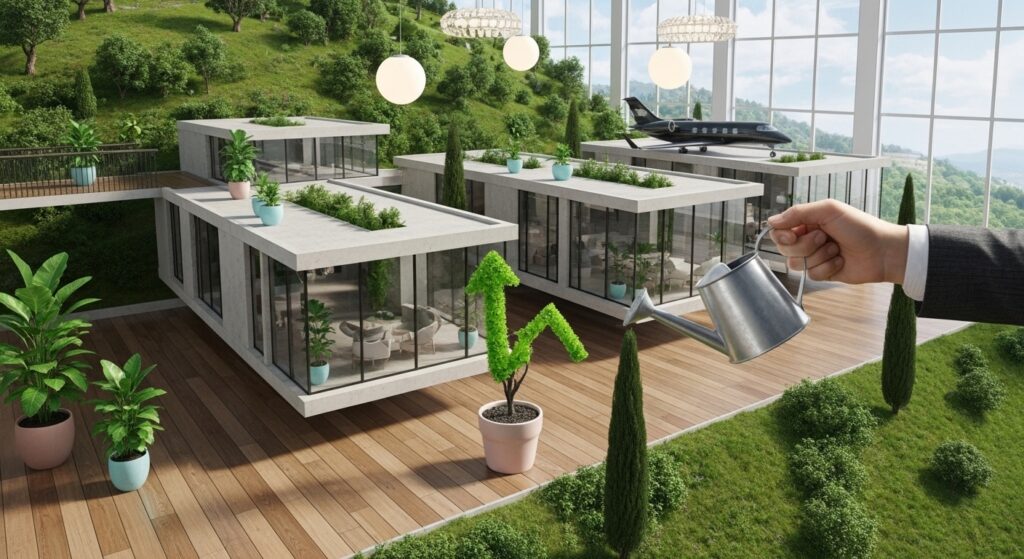 3D minimalistic building exploring the exterior view rotating 180 degrees. The house should be mixed together with the camera views of different angles, camera moving from inside of the house to outside. There are plants and trees are surrounding the house and there is a pool and a parking place with 5 SUV cars black, white and blue cars. The camera is from the 45 degrees angle. The camera is moving from the distance of the house to the closeup.